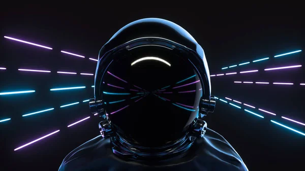 Karanlık uzayda neon ışıklı bir astronot. Geri dalga biçimi arkaplanı.