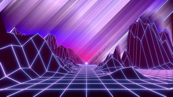 80s retrowave style background. Low poly landscape with neon lights — Stock Photo, Image