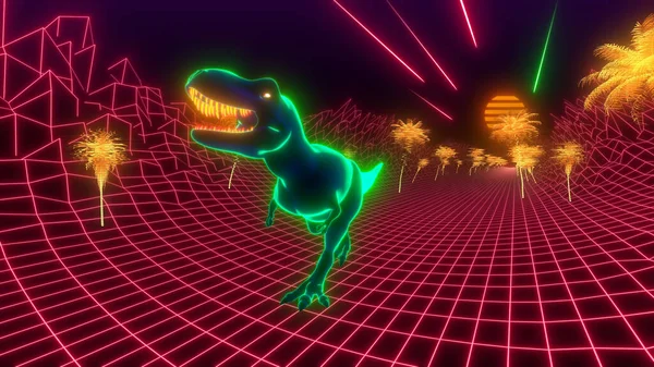 Dinozaurul T-Rex trece printr-o junglă de neon. Anii 80 stil retro fundal tapet — Fotografie, imagine de stoc