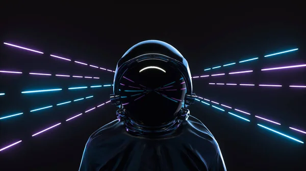 Retrowave tarzı 3D illüstrasyon. Neon arka planda gelecekçi astronot