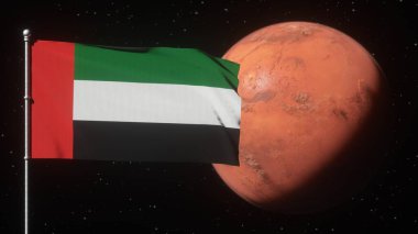 Birleşik Arap Emirlikleri bayrağı Mars yörüngesinde. Emirates Mars Misyonu konsepti.