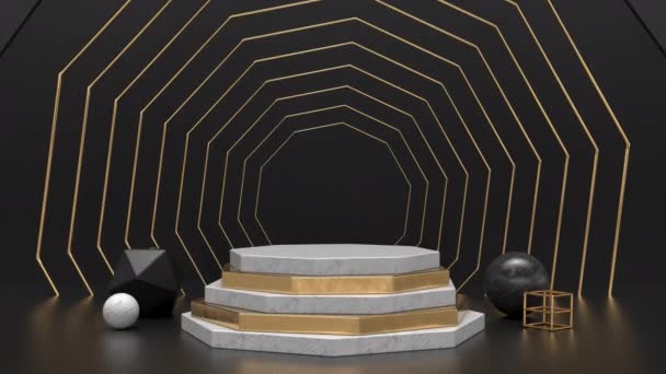 Fondo 3d con mármol blanco y pedestal dorado. Animación Loop para la moda — Vídeos de Stock