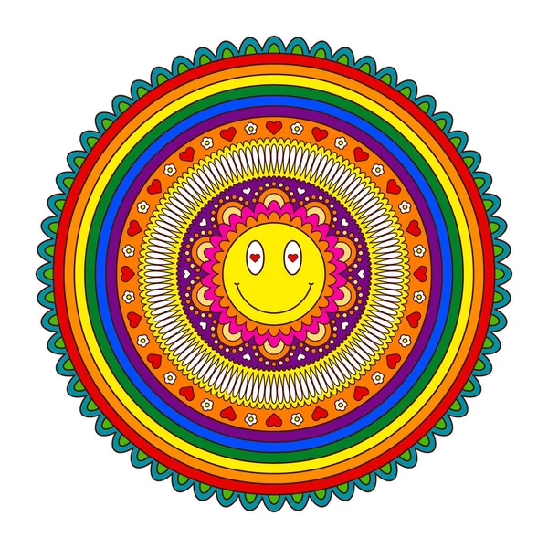 Simbolo hippie con sorriso. Impronta etnica tribale. Stampa festiva mandala colorata. — Vettoriale Stock