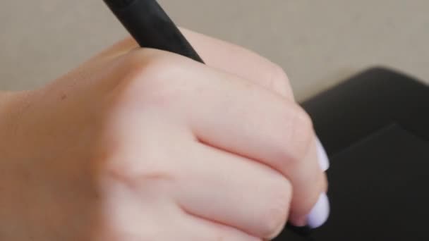 Perancang Perempuan menggambar sketsa pada tablet grafis menggunakan stylus. — Stok Video