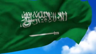 Mavi gökyüzünde dalgalanan Suudi Arabistan bayrağının yakın görüntüsü. 3d canlandırma döngüsü.