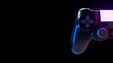 Siyah arkaplanda neon konsol oyun sahası. Oyun denetleyicisinin 3d illüstrasyonuName