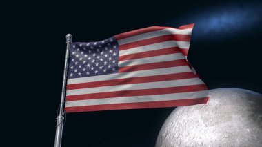 Ay 'da Amerikan bayrağı. Birleşik Devletler Ay Uzay Görev Konsepti. Bilim teması