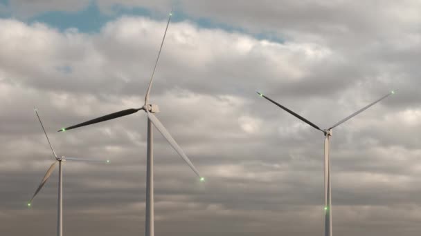Generatore di turbine eoliche fattoria sul cielo serale nuvoloso. Concetto di risorse energetiche alternative — Video Stock