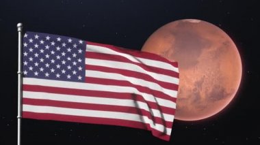 Mars gezegeninin arka planında dalgalanan ABD bayrağı. Mars keşif kavramı