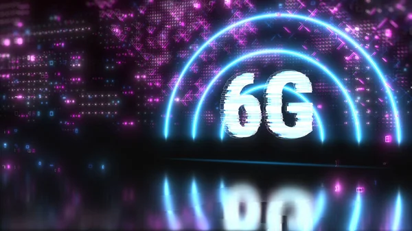 Быстрая сеть 6G и интернет-символ. Технический стиль фона с неоновыми огнями — стоковое фото