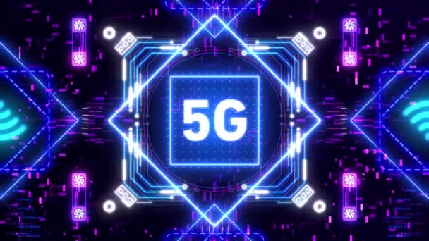 5G Netwerk voor mobiel internet. Neon interface concept animatie — Stockvideo