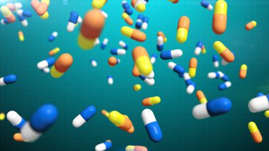Bir sürü renkli hap. Mavi arka planda düşmek.