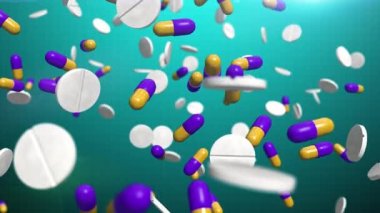 Renkli haplar ve haplar Mavi arka planda Yavaş Çekimde Düşüyor.