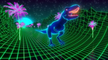 80 'lerin modası geçmiş duvar kağıdı arka planı. T-Rex dinozoru neon ormanında yürüyor.