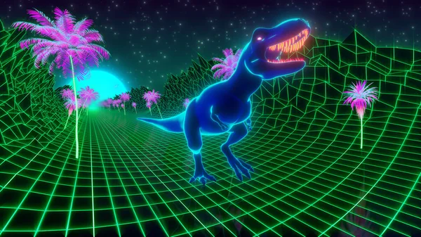 Anii 80 fundal tapet stil retro. Dinozaurul T-Rex trece printr-o junglă de neon — Fotografie, imagine de stoc
