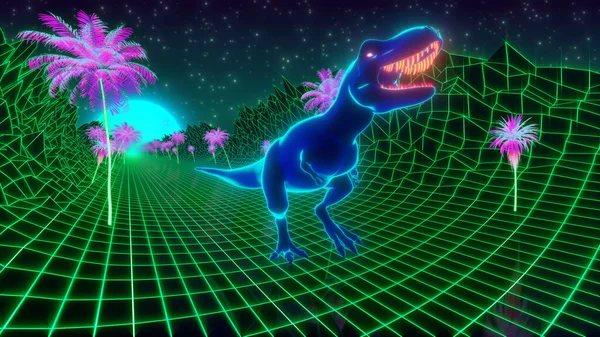 80 'lerin modası geçmiş duvar kağıdı arka planı. T-Rex dinozoru neon ormanında yürüyor.