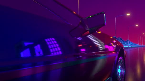 Футуристический автомобиль с неоновыми огнями абстрактного фона. Retmicrowave loop 3d animation — стоковое видео