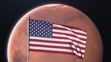 Mars gezegeninin arka planında dalgalanan ABD bayrağı. Mars keşif kavramı