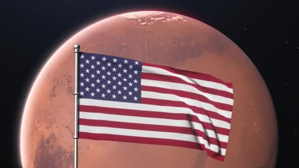 Amerikaanse vlag wapperend op de achtergrond van de planeet Mars. Mars exploratie concept — Stockvideo