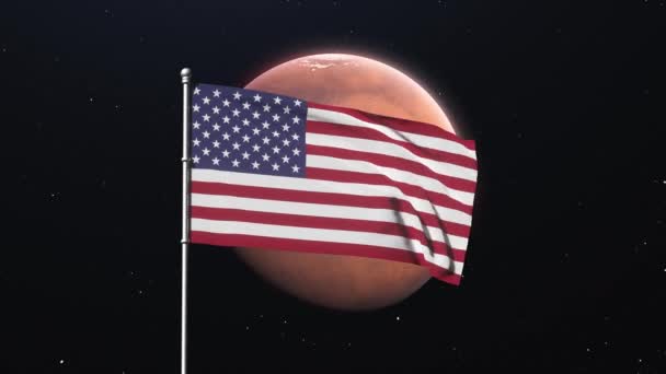 Amerikaanse vlag wappert op de planeet Mars. Mars exploratie concept — Stockvideo
