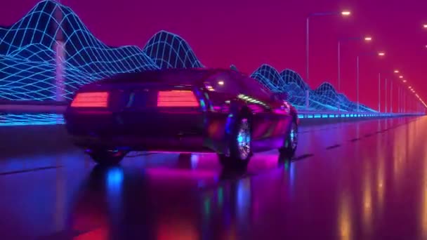 80s retrowave achtergrond 3d animatie. Futuristische neon auto aangedreven wiel close-up. — Stockvideo