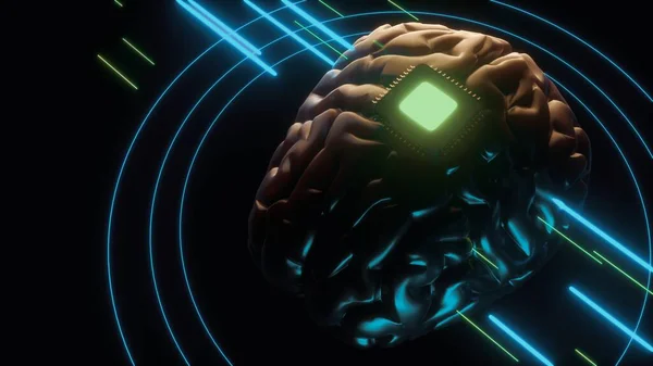 Cérebro humano com microchip. Inteligência artificial conceito de aprendizagem de máquina — Fotografia de Stock