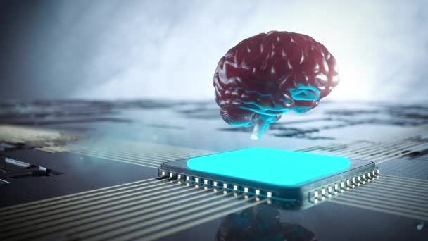 Futuristisch menselijk brein op computerchip. Neuro interface concept video 3d render — Stockvideo