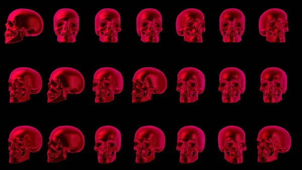 Halloween scary background. Red human skulls on black. Spooky neon skull