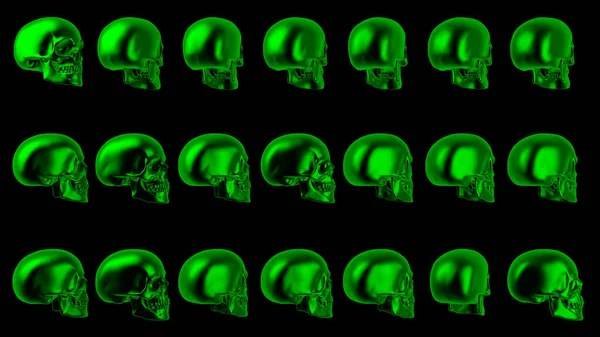Green human skulls halloween background. 3d illustration with glow neon skull