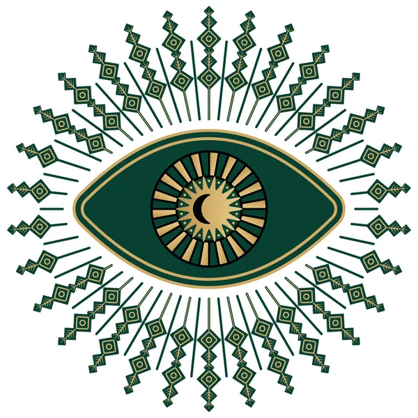 Містичне око символ Бохо ілюстрація. Арт-деко з золотим і зеленим кольором — стоковий вектор
