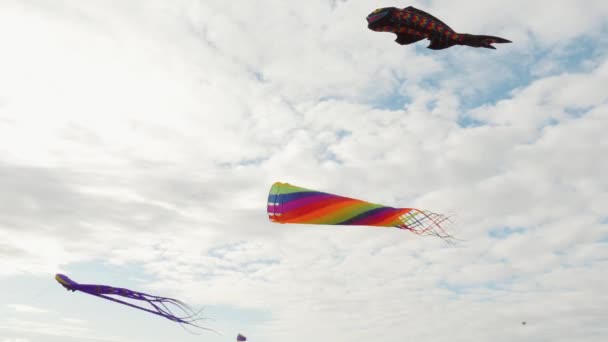 Kolorowe latawce na pochmurnym niebie w słoneczny dzień. Letni festiwal lub świąteczne wideo — Wideo stockowe
