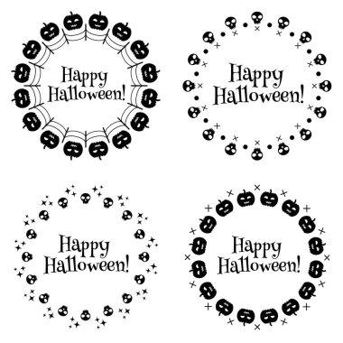 Cadılar Bayramı dekorasyon şablonu. Kafatası ve balkabağı vektörlü çelenk