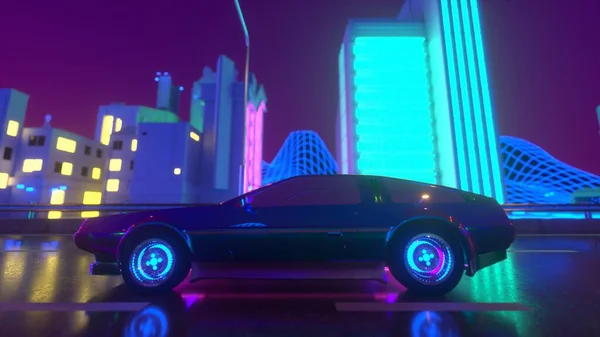 80-talets retro bakgrund 3D illustration. Futuristisk bil enhet genom neon stad — Stockfoto