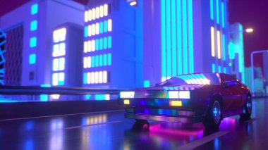 80 'lerin geçmişe dönük 3D illüstrasyon. Geleceği parlak bir araba neon şehrin içinden geçiyor.