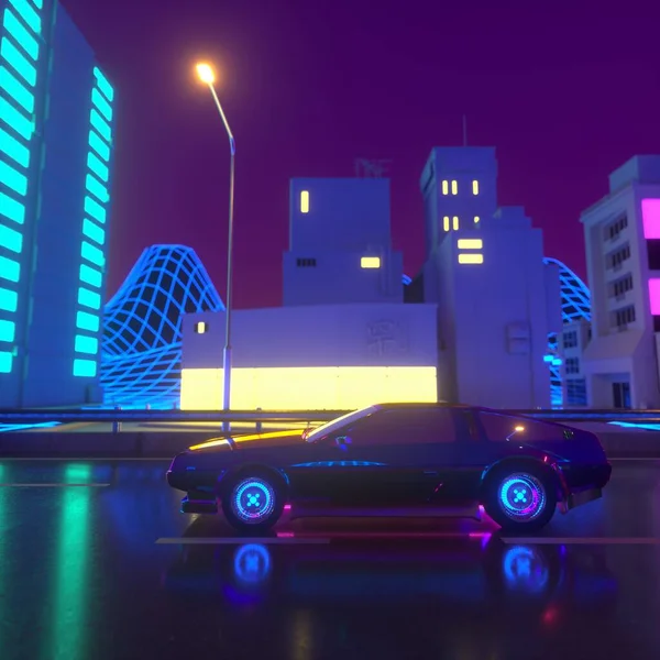 80s retrowave background 3d illustration. Futuristic neon car close up — Stock Photo, Image