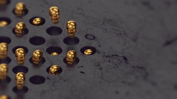 Gyllene dödskallar som hoppar från hål. Begreppet animation för halloween fest — Stockvideo