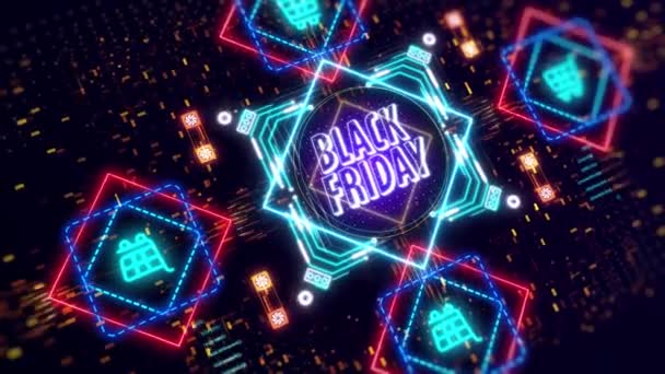 Zwarte vrijdag digitale verkoop symbool animatie. Neon teken voor marketing — Stockvideo