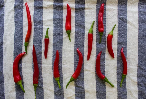 Kırmızı Biberler Mutfak Havlusunda Taze Sebzeler Üst Manzara Fotoğrafı Cayenne — Stok fotoğraf