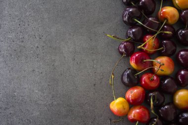 Güzel, sulu kiraz sınırı ya da çerçeve. Fotokopi alanı olan koyu gri bir arka plan. Yaz meyveleri kapanıyor. Sağlıklı yeme kavramı. 
