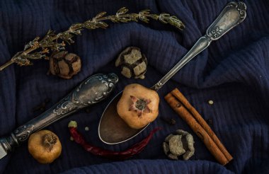 Gümüş kaşıkla, kurutulmuş meyvelerle, sebzelerle ve lacivert dokulu otlarla dolu bir hayat. Farklı nesnelerin üst görünüm fotoğrafı. Sonbaharın renkleri.