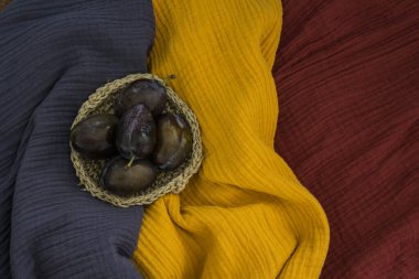 Renkli pamuk kumaş arka planında taze erikler ve kurutulmuş bitkilerle dolu bir hayat. Farklı nesnelerin üst görünüm fotoğrafı. 