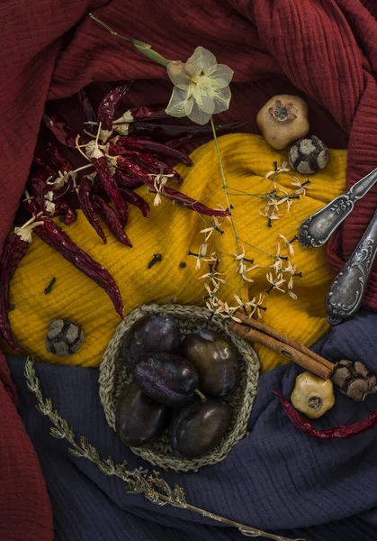 Nature Morte Avec Prunes Herbes Séchées Fleurs Légumes Tissu Texturé — Photo