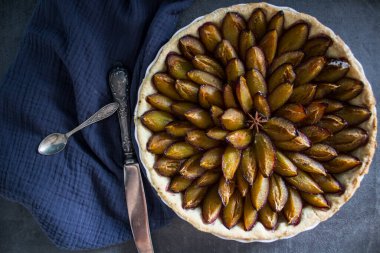 Erikli tatlı turtasının en iyi görüntüsü. Gri desenli arka plan ve fotokopi alanı. Tatlı turta yakın çekim.. 