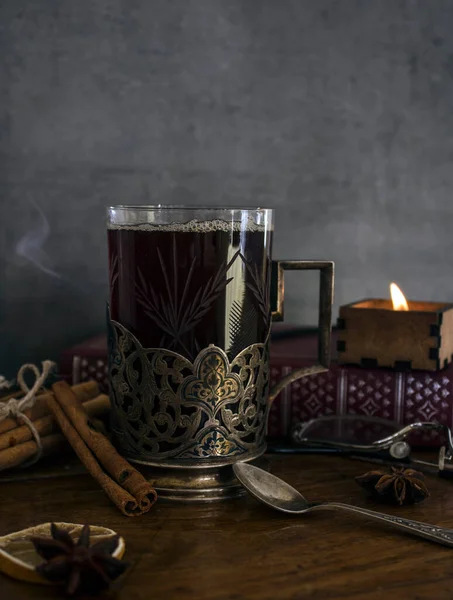 Tea Retro Silver Glass Table Book Spoon Candle Autumn Drink — Stock Photo, Image