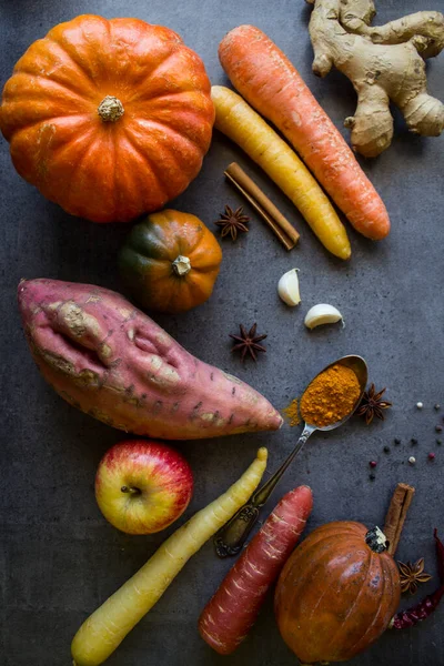 Fresh Autumn Vegetables Grey Textured Background Copy Space Top View — Stock Photo, Image