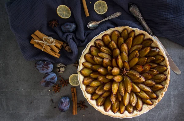 Erikli tatlı turtasının en iyi görüntüsü. Gri desenli arka plan ve fotokopi alanı. Tatlı turta yakın çekim.. 