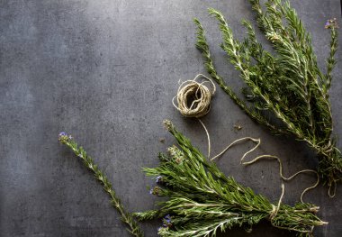 Gri desenli arka planda biberiye sınırları. Aromatik bitki manzaralı fotoğraf. Şifalı bitkiler kapanıyor.. 