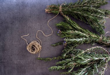 Gri desenli arka planda biberiye sınırları. Aromatik bitki manzaralı fotoğraf. Şifalı bitkiler kapanıyor.. 
