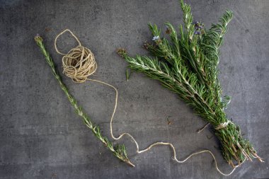 Gri desenli arka planda biberiye sınırları. Aromatik bitki manzaralı fotoğraf. Şifalı bitkiler kapanıyor.. 