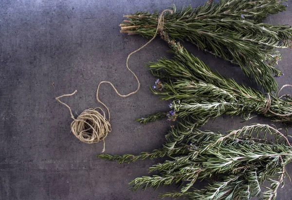 Gri desenli arka planda biberiye sınırları. Aromatik bitki manzaralı fotoğraf. Şifalı bitkiler kapanıyor.. 